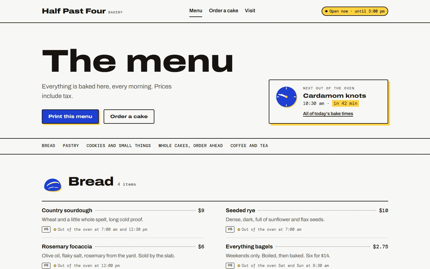 The sample menu page: sections for bread, pastry, cookies, cakes and coffee, with prices and diet tags.