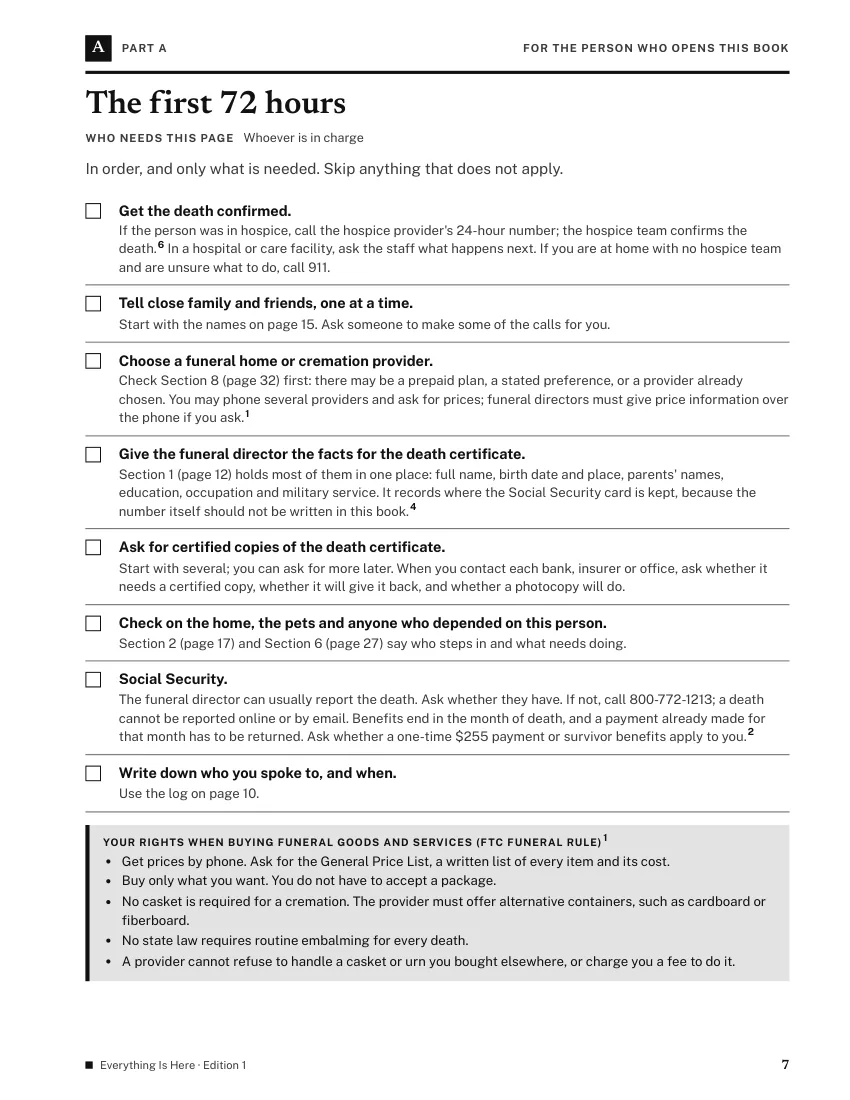 Page 7, The first 72 hours: a checklist with a box to tick for each step, and a box listing your rights when buying funeral goods.
