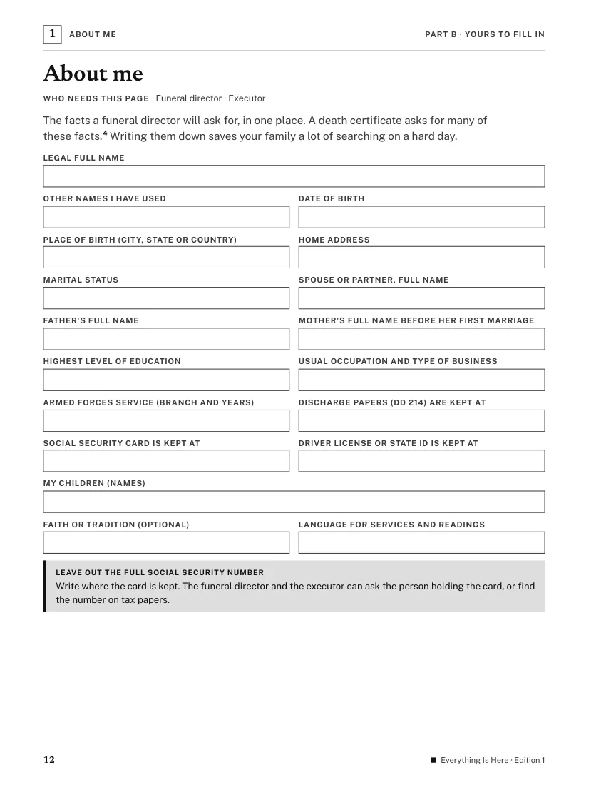 Page 12, About me: empty boxes for legal name, date of birth, family names and where the Social Security card is kept, with a note to leave out the full number.