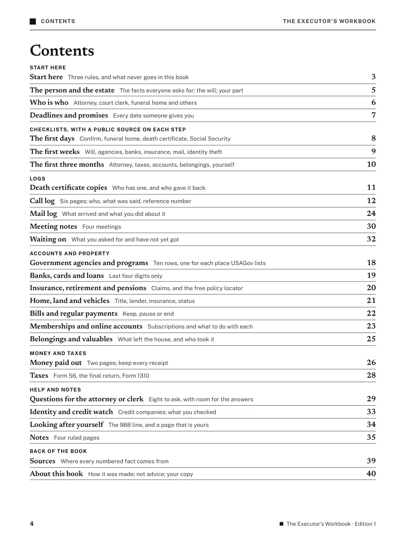 Page 4, Contents: the checklists, logs, account tables and help pages, each with its page number.