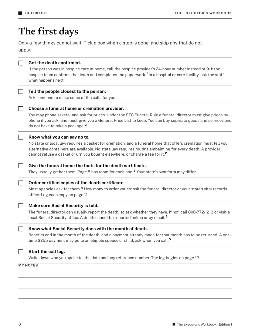 Page 8, The first days: a checklist with a box to tick for each step, each step with a small note number pointing to a source, and note lines at the foot.