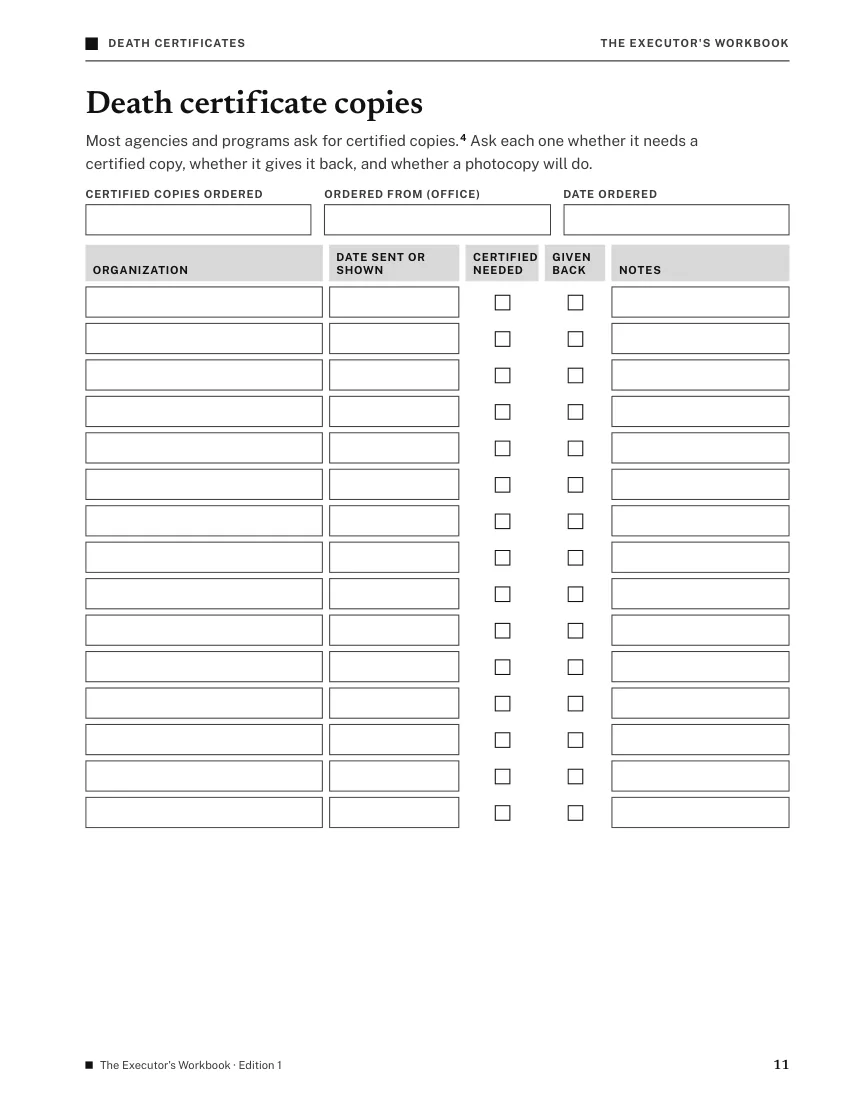 Page 11, Death certificate copies: a table to record which organization got a copy, the date, whether a certified copy was needed and whether it was given back.