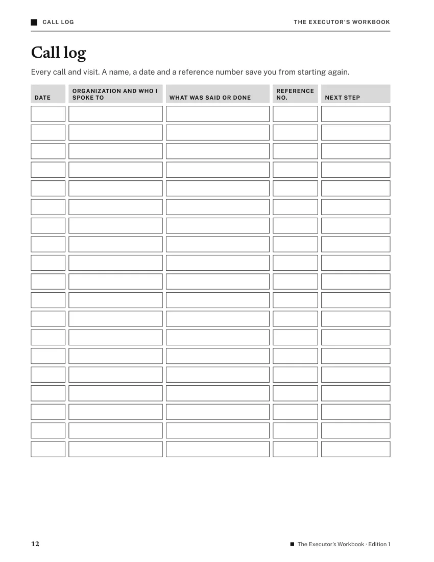 Page 12, Call log: a table with columns for date, organization and who you spoke to, what was said, reference number and next step.