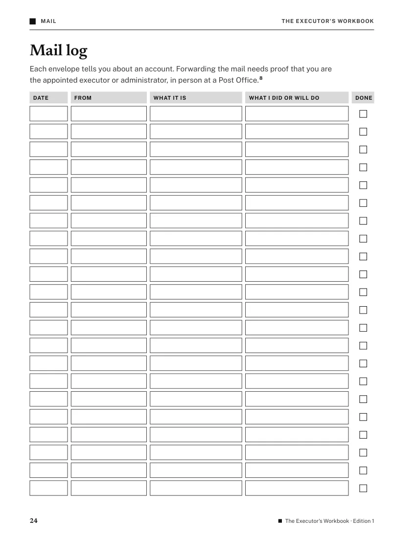 Page 24, Mail log: a table for the date, who the mail is from, what it is, what you did or will do, and a Done box.