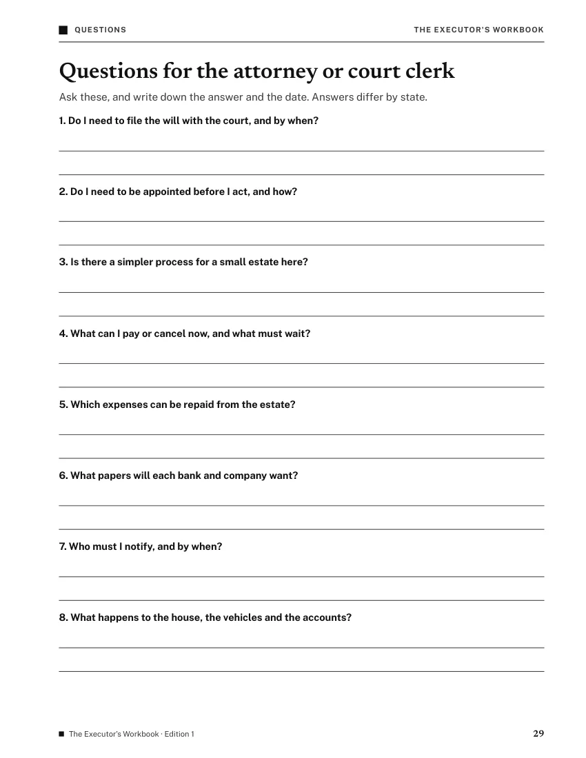 Page 29, Questions for the attorney or court clerk: eight questions, each with lines to write the answer.