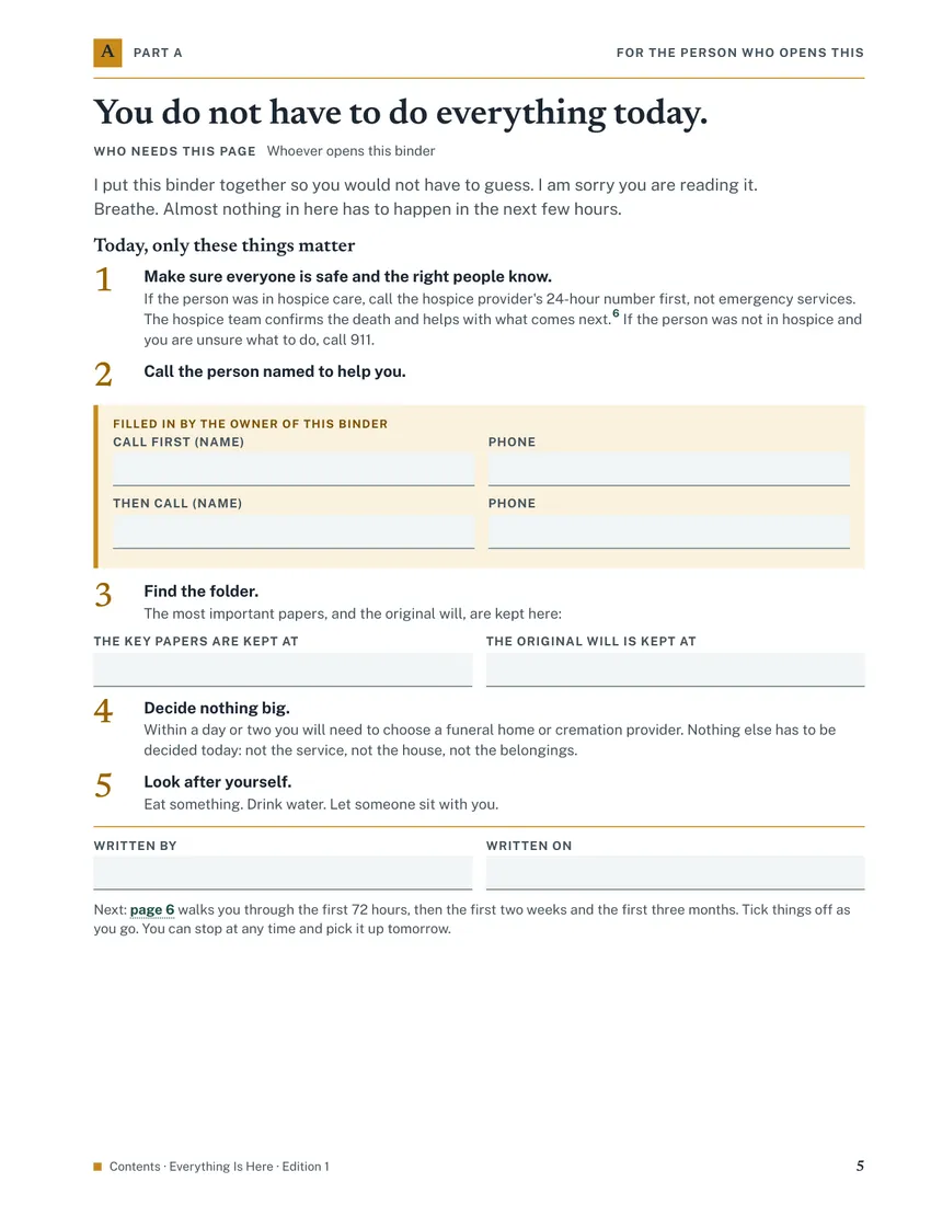 Page 5, You do not have to do everything today: five things that matter first, with fields for who to call and where the key papers are kept.