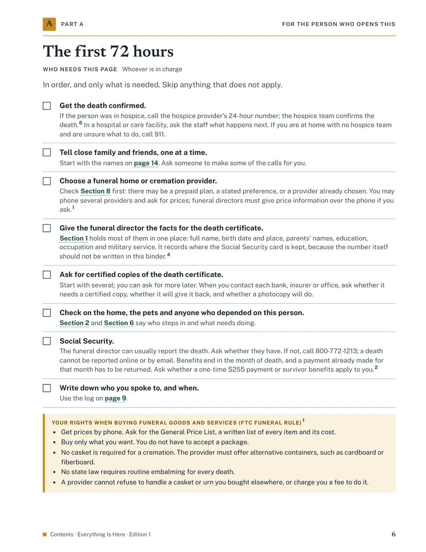 Page 6, The first 72 hours: a checklist with a box to tick for each step.