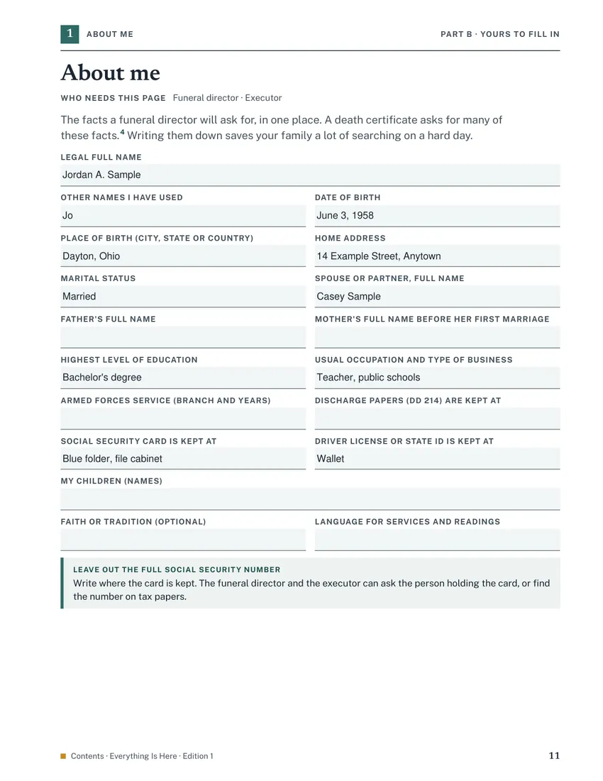 Page 11, About me, with made-up example entries typed into the fields.