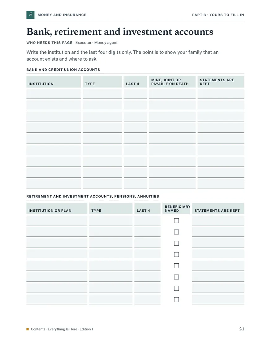 Page 21, Bank, retirement and investment accounts: tables to fill in, with a note to write only the last four digits.