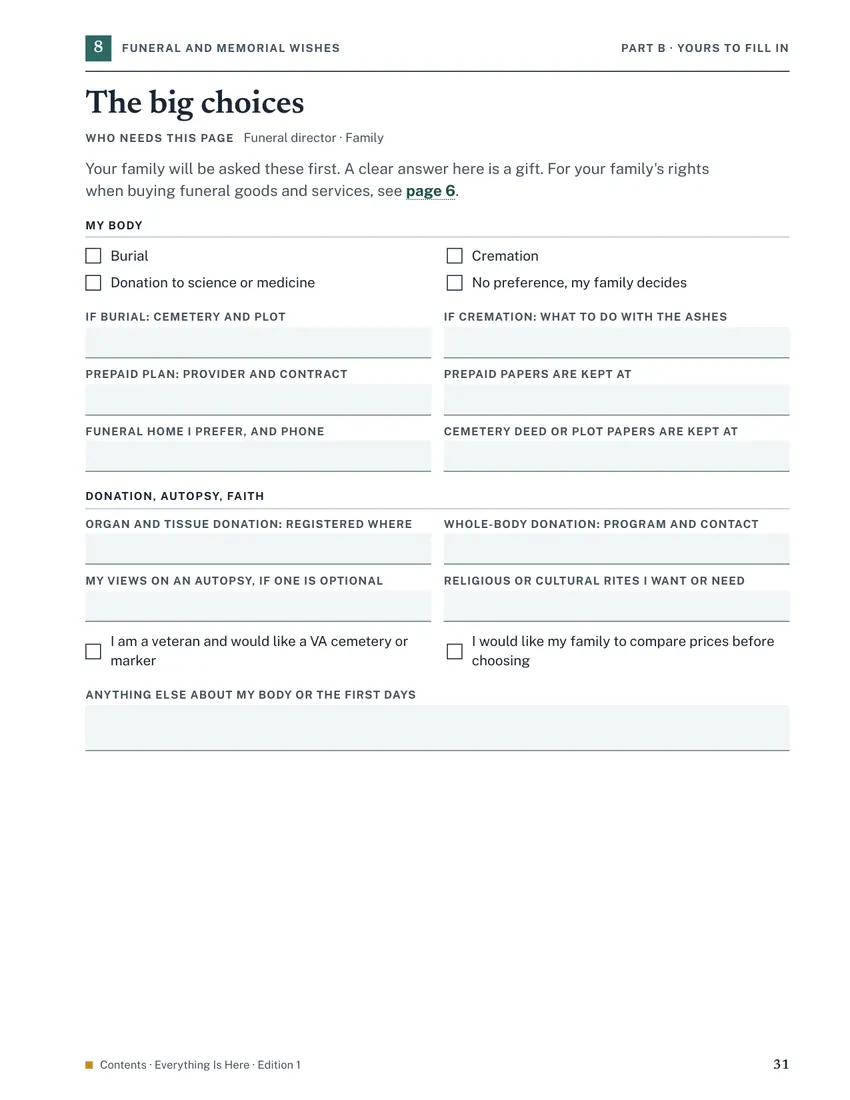 Page 31, The big choices: tick boxes and fields for funeral and memorial wishes.